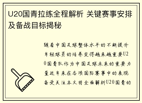 U20国青拉练全程解析 关键赛事安排及备战目标揭秘