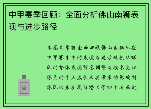 中甲赛季回顾：全面分析佛山南狮表现与进步路径