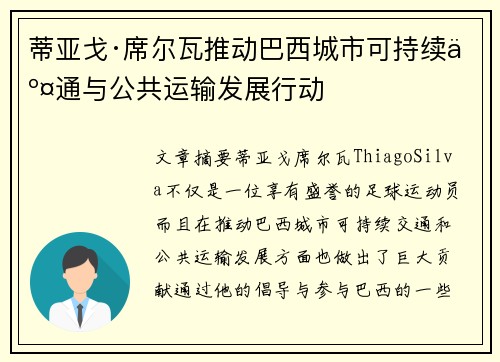 蒂亚戈·席尔瓦推动巴西城市可持续交通与公共运输发展行动 蒂亚戈·席尔瓦推动巴西城市可持续交通与公共运输发展行动